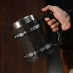 Χειροποίητη Ξύλινη Κούπα Μπύρας Βίκινγκ με Ανοξείδωτο Μεταλλικό Εσωτερικό - 5