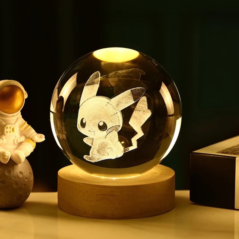 Φωτιστικό νυκτός με γυάλινη μπάλα Pikachu σε ξύλινη βάση με 16 χρώματα RGB - 4 Φωτιστικό νυκτός με γυάλινη μπάλα Pikachu σε ξύλινη βάση με 16 χρώματα RGB - 4