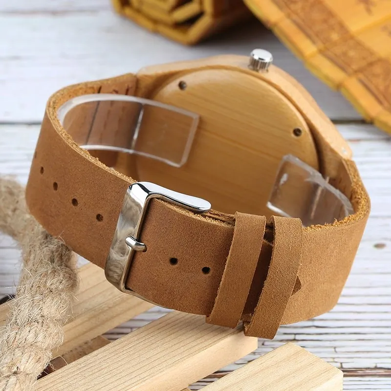 Ξύλινο χειροποίητο ρολόι bamboo Grren & δερμάτινο λουράκι - 4 Ξύλινο χειροποίητο ρολόι bamboo Grren & δερμάτινο λουράκι - 4