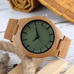 Ξύλινο χειροποίητο ρολόι bamboo Grren & δερμάτινο λουράκι - 3