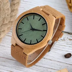 Ξύλινο χειροποίητο ρολόι bamboo Grren & δερμάτινο λουράκι - 2